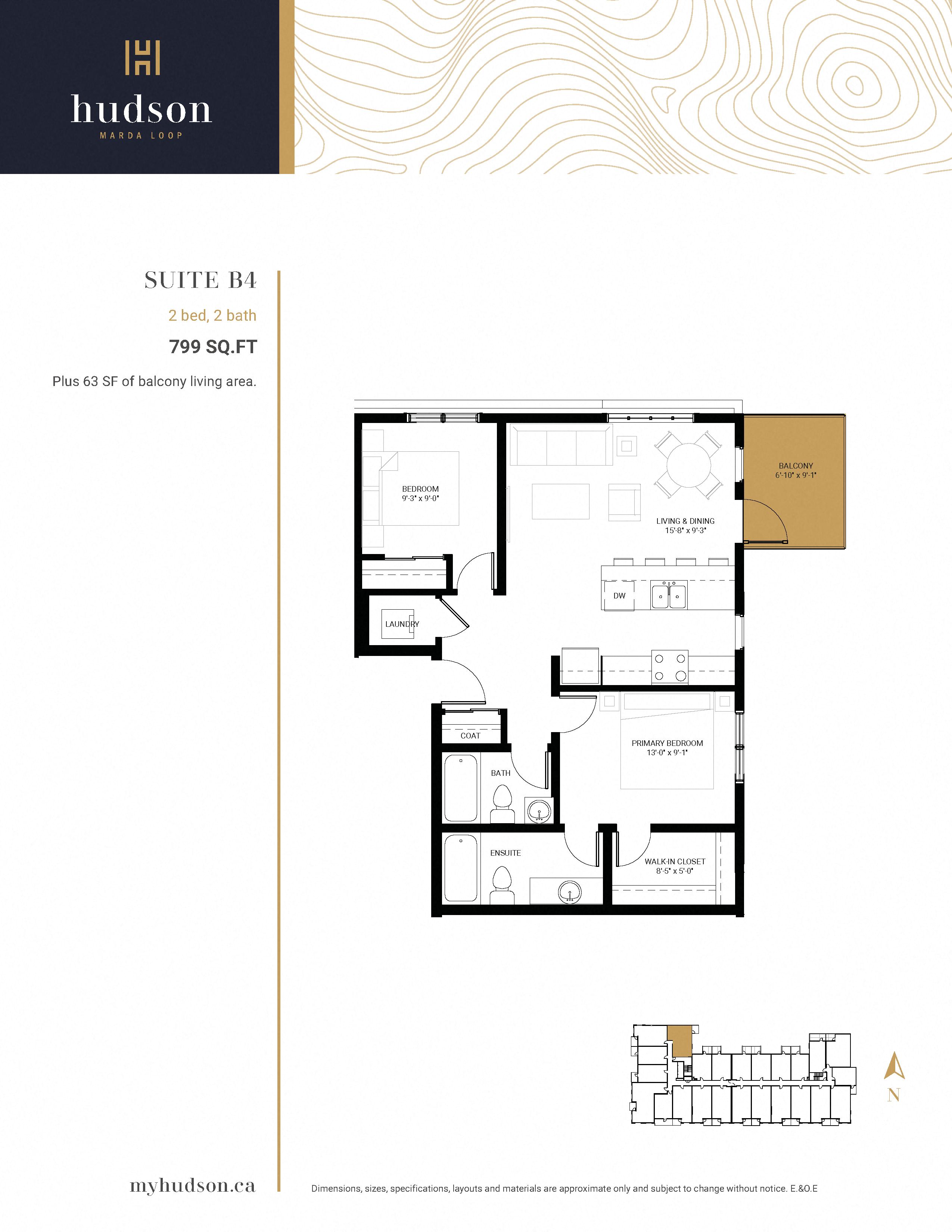 Floor plan for 2 beds, 2 baths, 799 sqft